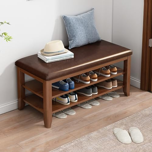 Zapatero otomano de Madera Maciza, Organizador de Entrada con cojín de Piel sintética, Estante Ajustable y extraíble, para Sala de Estar y Pasillo (Color Nogal, 60 cm/23,6 Pulgadas)