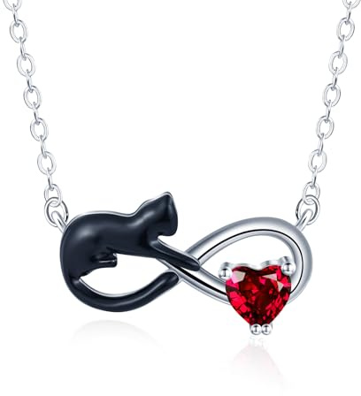 MICSAVI Collar Infinito de Plata de ley 925 para Mujer Niña, Colgantes Gato Negro y Corazón Rojo de Circonita, Cadena 40+5 cm Collar para mujeres chicas adolescentes