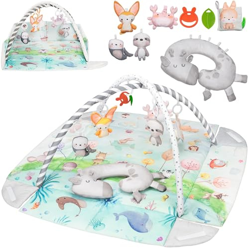 lionelo Anika Natural Alfombra Bebe Juegos de bambú con 8 Juguetes Bebes Desmontables, Gimnasio Actividades Bebe con Arco, Desde recién Nacido