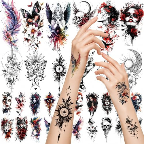 XMASIR Temporary Tattoos Kit, 64 Sheets Watercolour Animal Tattoos Stickers Dark Skull Flower for Girls Boys Body Arm Shoulder, Half Sleeve Fake Tattoo for Women Men Birthday Party Small Gift