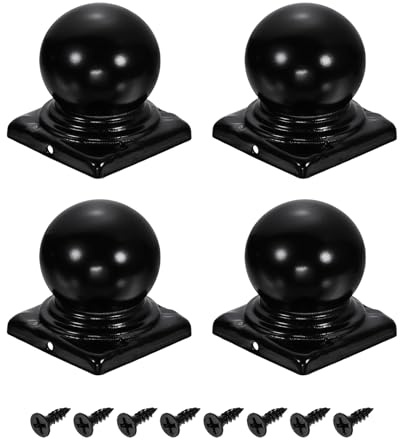 sourcing map 4Pcs Fence Post Caps, 80mm/3.15In Iron Post Cap Cover Black | Square,Waterproof,Ball Top Dome,with Screw Fit for Outdoor Metal Wood Fence Deck Mailbox Patio