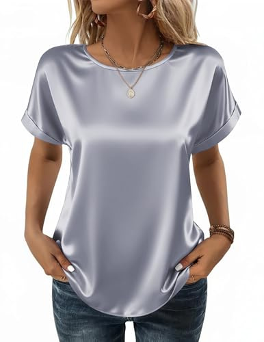 Zeagoo Chemisier Satin Femme Élégante Soie Blouse Ete Manches Courtes Top | Ample Basique Col Rond Chemise Casual Couleur Unie Haut S-XXL