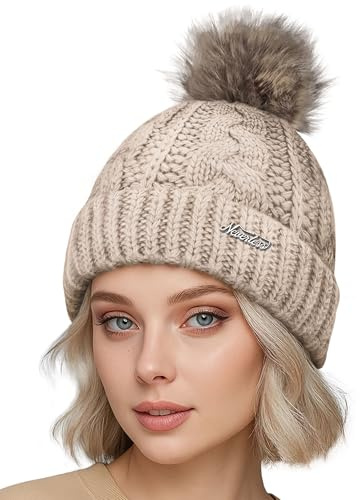 Neverless® Damen Strickmütze mit Pompom Zopfstrickmuster Bommelmütze gefüttert mit Fleece Wintermütze Model 1979