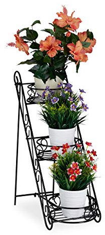 Relaxdays Blumentreppe Metall, 3 Ablagen, dekorativ, Pflanzentreppe Indoor & Outdoor, HBT 53,5 x 20 x 45,5 cm, schwarz