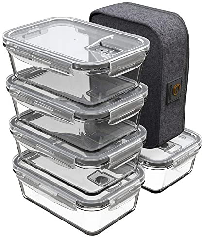GENICOOK Lunchbox Bento Brotdose mit Lunchtasche/Brotzeitdose Frischhaltedosen Glas perfekt für Meal Prep - BPA frei für Home Küche oder den Gebrauch unterwegs(5 * 840ml)