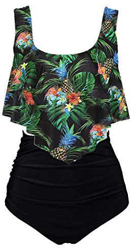 Aidotop Swimsuit for Women Top Ruffled High Waist Swimwear Two Pieces Bathing Suits Bikini Sets (10Black Pineapple, XXL)