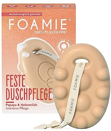 Foamie Festes Duschgel mit Papaya & Hafermilch, Duschpflege Massage-Effekt für eine Intensive Pflege, Feste Dusche 100% Vegan, Plastikfrei, Silikonfrei, 80g