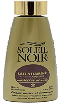 Soleil Noir - Lait Corps Vitaminé 2 Bronzage Intense - Peaux Très Mates et Bronzées - Actifs Anti-Âge et Vitamines - Fabrication Française - Flacon avec Capsule Service, 150 ml