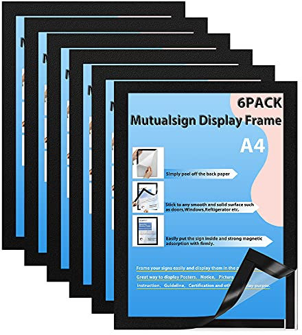 Mutualsign Marco magnético autoadhesivo A4 información Marco, información marco magnético es adecuado para paredes/ventanas lisas y planas, 6 Unidades, Negro.