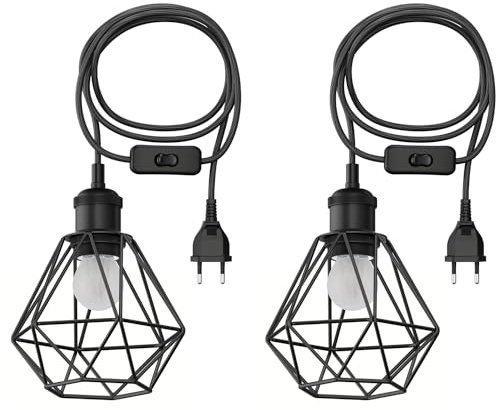 ledscom.de 2 Stück Textilkabel RETRA, Vintage, mit Stecker, Schalter und E27 Fassung, schwarz, 3 m, mit schwarzem Käfig-Schirm + LED 477lm warmweiß