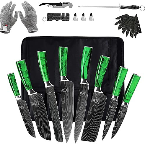 FULLHI Messer Set, 14pcs japanisches Messer Set, Mehrfarbige Premium deutsche Edelstahl Küchenmesser Set