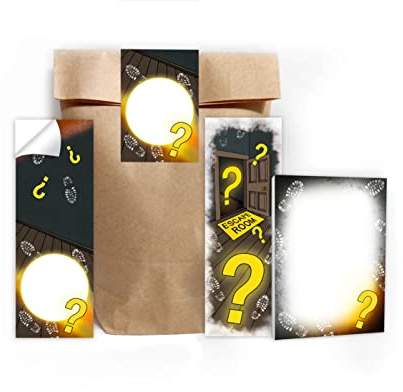 6 Lesezeichen + 6 Mini-Notizblöcke + 6 Geschenktüten (natur) + 6 Aufkleber Escape Room Mitgebsel Gastgeschenk beim Kindergeburtstag Jungen Mädchen