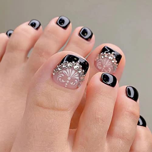 JUSTUSNX 24 Stück quadratische schwarze französische gefälschte Zehennägel Strass falsche Zehennägel Blume drücken auf Zehennägel für Frauen und Mädchen