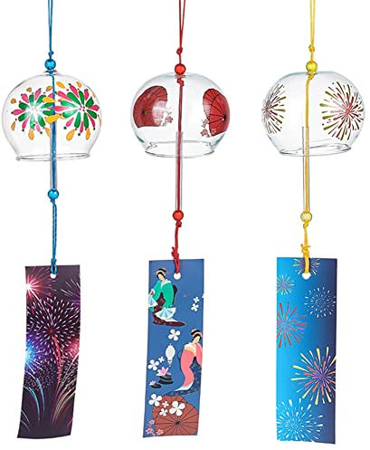 BENECREAT 3 pièces Carillons Éoliens Japonais Fairworks Vent Cloches Rouge Jaune Coloré à la Main Pendentifs en Verre pour Mariage Festival Cadeau, Décorations D'Extérieur Ou D'Intérieur