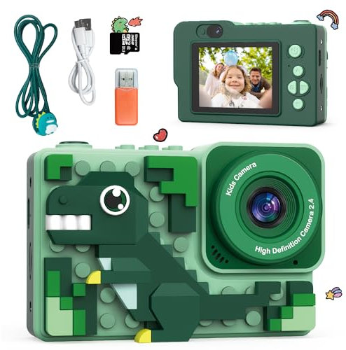 Kiztoys Kinderkamera - 2,4 Zoll Digitalkamera mit 1080P-HD, Dinosaurier Baubares DIY Selfie Modell mit 32GB Speicherkarte - Geschenk für Jungen und Mädchen ab 6 Jahren