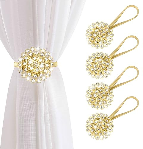 AULEEP Magnetic Curtain Tiebacks, 4 Pack Magnetic Crystal Decorative Drapes Curtain Clips Buckle, Flower Curtain Tie Back, European and American Style (Gold)