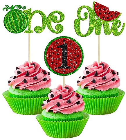 Gyufise 24Pcs Glitter Watermelon Cupcake Toppers One in a Melon Cupcake Picks Decorations for First Birthday Watermelon Themed Baby Shower Kids 1st Birthday Party Cake Decorations