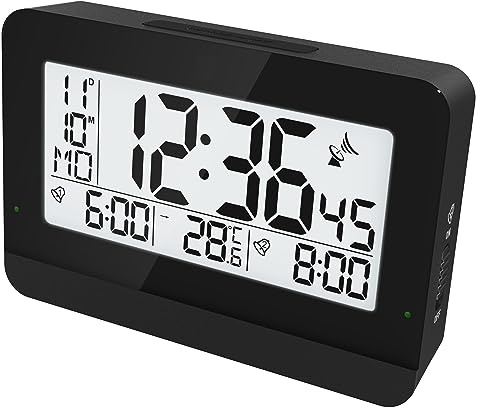 Miraval digitaler Funkwecker Datumsanzeige Designwecker Reisewecker Temperaturanzeige Großes Display 2 Alarme Snooze Hintergrundbeleuchtung geräuschlos Digitaler Wecker (Schwarz)