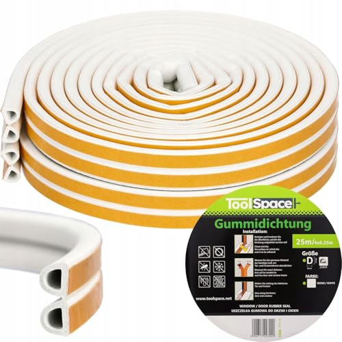 ToolSpace Türdichtung Selbstklebend Dichtungsband Dichtungsgummi Door Sealing Strip D Profil Weiß Gummidichtung für Fenster & Türen 25M Fensterdichtung Anti-Kollision Gummi Schaum Schaumstoffband