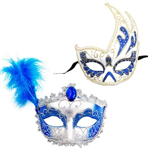 2 Mascara Veneciana para Carnaval con Purpurina Brillante, Mascara Carnaval Veneciana Media Cara Mujer de Material Resistente Pluma, Mascara Baile