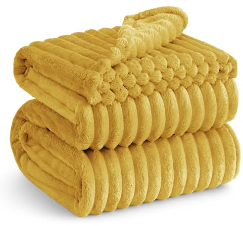 Bedsure Plaid Polaire pour Canapé - Couverture Douce et Chaude en Tissu Peluche, Design à Cordon Grossier, Plaid Moelleux pour Lit et Sofa, XXL 220 x 240 cm, Jaune Miel