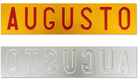 Mondello brothers The Real Relief-Plakette (mit gestanzten Zeichen), personalisierter Name aus gelbem, reflektierendem Aluminium für Trolleys, Anhänger, Wohnwagen, Fahrradträger, Zusatzwagen und Land