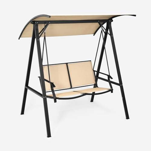 GOPLUS - Columpio de patio para 2 personas, columpio de 2 plazas con toldo reclinable ajustable, apoyabrazos curvos, carga 240 kg, para jardín, borde de piscina, terraza, 152 x 112 x 165 cm, color