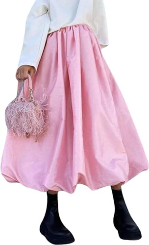 CheJooe Jupe à bulles Y2k pour femme - Taille haute élastique - Jupe longue évasée à volants - Jupe longue plissée - Jupe ballon d'été bouffante, b-rose, L