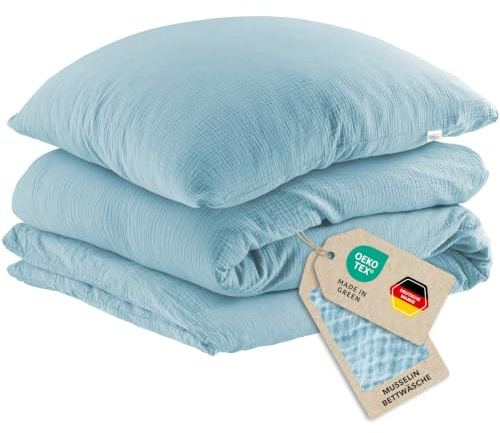 Pure Label Musselin Bettwäsche 135x200+80x80 cm 100% Baumwolle - Blau | Traumhaft weiche, kuschelige Bettwäsche-Sets aus Musselin - 40° Waschbar