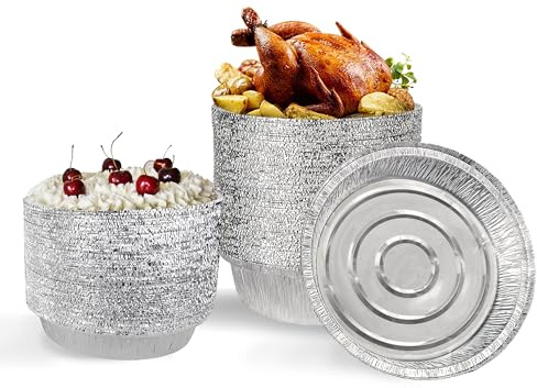 Bandejas Desechables Redondas de Aluminio con Tapa -125 Moldes para Horno, Microondas, Congelador y Barbacoa - Recipientes de Aluminio Redondo para Reposteria y Conservación de Alimentos (1400 ml)