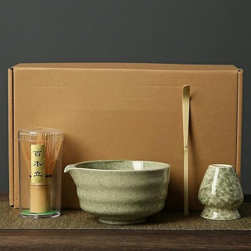 WE MAKE HOPE 4PCS Matcha Set, Matcha Kit Includes Matcha Whisk (Chasen), Matcha Scoop (Chashaku), Matcha Bowl, Ceramic Whisk Holder, Matcha Tea Kit for Tea Lovers, Classic Green Matcha Making kit