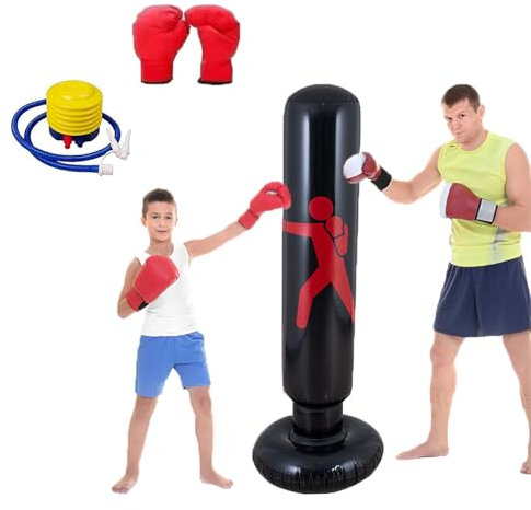 Quintrost Boxsack für Kinder, 160cm Stehender Boxsack, Aufblasbarer Trainingsboxsack mit Luftpumpe und Boxhandschuhe für Karate, Kickboxen, Jungen und Mädchen von 3–12