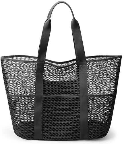 Faltbare Mesh Strandtasche XXL Familie, Große Strandtasche Reißverschluss | Shopper Damen Groß Badetasche, Beach Bag Einkaufstaschen für Reisen Einkaufen und Alltag