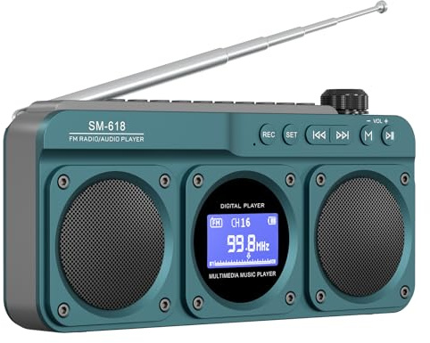 SEMIER Small Digital FM Radio Bluetooth Speaker, Handheld Rechargeable Radio Wireless Speaker, LCD Display, Double Speakers, Headphone Jack, Support USB/Micro SD Card MP3 Play for Home Outdoor (No AM)