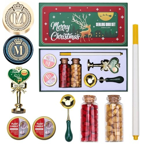 eihnachten Wachs Siegel Stempel Kit, Atopbb Brief M Siegel Wachs SiegelKit mit Weihnachtsgeschenkbox, Weihnachten WachsSiegel Set mit 2 Flasche WachsSiegel Perlen, Wachs Löffel Stift (M)