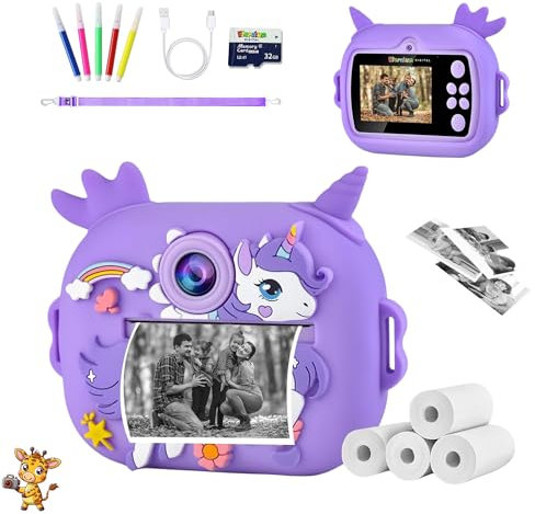 ETERNIUM Appareil Photo Instantané Enfant Licorne - Kit Créatif et Éducatif - Caméra Numérique 1080P Antichoc - 4 Rouleaux d'impression + Carte 32Go - Cadeau Noël Anniversaire Fille Garçon 3-12 Ans