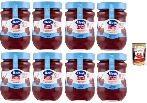 Hero Light Light Lot de 8 pots de confiture de 280 g de cerises rouges, de confiture et de confiture supplémentaire, fruits de haute qualité, sans conservateurs et sans colorants, Italian Gourmet