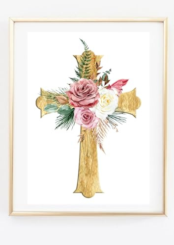 Din A4 Kunstdruck ohne Rahmen - Kreuz mit weißen und pinken Rosen Blumen - Kruzifix - Gott Glauben - Christliches Bild - Kirche Religion - Bild Aquarell Druck