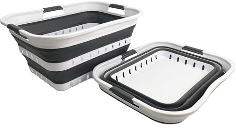 SAMMART 2er-Set 42L faltbarer Aufbewahrungskörbe/-behälter aus Kunststoff – zusammenklappbarer, platzsparender und tragbarer Wäschekorb, ideal für Zuhause, auf Reisen (2, Weiß/Stahlgrau)