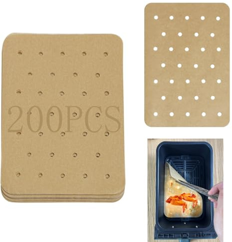 Papier Cuisson Air Fryer,Lot de 200 Feuilles de Papier Sulfurisé Perforé Antiadhésif pour Friteuse à Air Antiadhésives et Ingraissables Papier Sulfurisé Perforé Papier à Huile de Cuisson