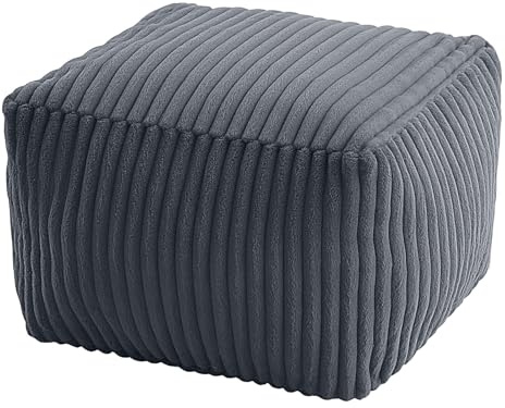 MeMoreCool Square Stuffed Pouf Ottoman Foot Rest, Stripe Furry Floor Pouf Foot Stool with Foam Chunk Filling, Soft Fluffy Stuffed Ottoman Footrest for Living Room, Faux Fur Grey