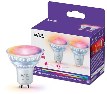 WiZ Spot LED connecté GU10 en verre, Multicolore et Blanc personnalisable, Équivalent 50 W, 2200-6500 K, 345 lumens, Intensité réglable, Compatible Alexa, Google Assistant et Apple Home, pack de 2