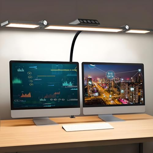 Nordreach LED Desk Lamp with Clamp 24W Three Head Desk Light Bar for Home Office 5 Colour Temperature & 5 Dimmable Brightness Table Clamp Monitor Lights for Study/Working/Reading