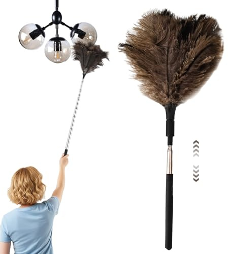 90Cm Feather Duster Extendable Total Length, Ostrich Feather Dusters for Cleaning, Long Duster for High Ceilings, Lamps, Cabinets, Furniture