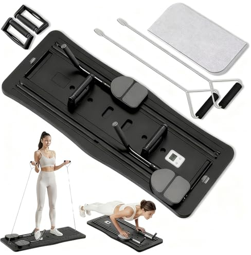Roadtime Planche Pilates Pliable avec Minuteur et Rebond Automatique 6 en 1 | Reformer Pilates avec Rouleau Abdominal et Coussin Genoux Épais, Appareil Fitness Maison & Bandes de Résistance Corps Entier