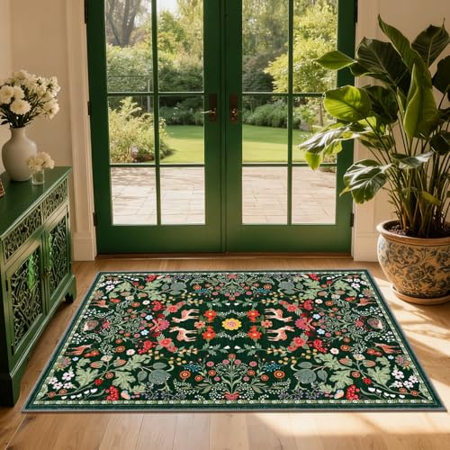 Alishomtll Teppich Läufer Grün, Vintage Blumen Pflanzen Teppich 80x150 cm