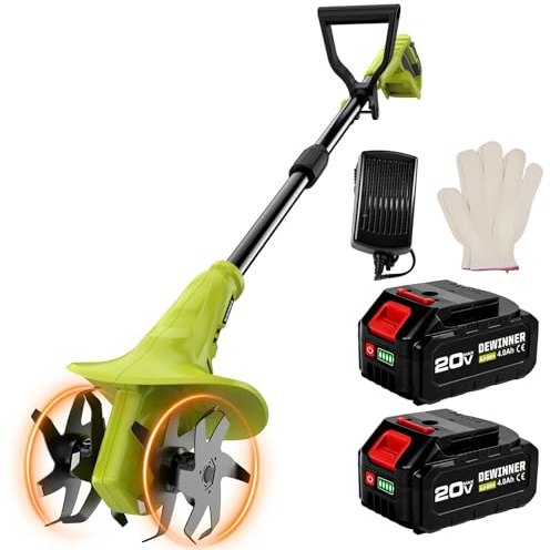 Motoazada Eléctrica DEWINNER 20V MAX Sin Cable, con 2 Baterías de 4000mAh, 280 RPM, 20 cm Ancho de Trabajo, Cultivador de Jardín para Huerto, Deshierbar y Remover la Tierra, Diseño Portátil y Liviano