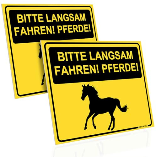 PRINTIMA 2x Schild 40x30 cm Bitte langsam fahren! Pferde! aus PVC inkl. Montagematerial – auffälliges Warnschild für Straße, Hofeinfahrt, Reitstall, Weidebereich & ländliche Wege