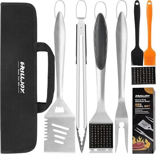 grilljoy 8-TLG Edelstahl Grillbesteck Set mit Grilltasche – Hochwertiges Grillzange Set für Garten & Camping, Grill Set Männer Geschenk für Männer Papa, Ehemann zu Weihnachten & Geburtstag