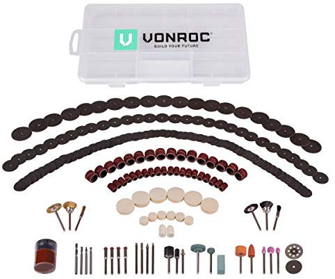 VONROC Set di 192 accessori universali per utensili rotanti, strumenti multifunzione. Custodia inclusa. Per lavori di lucidatura, carteggiatura, levigatura, foratura